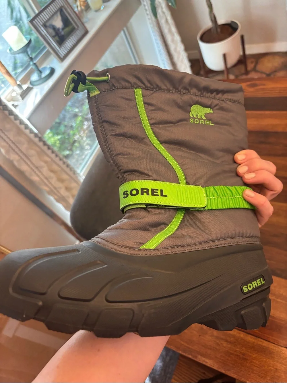SOREL Kids' Grey Winter Snow Boot with Lime Accents NWT